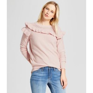 Pink Mesh Ruffle Crew Sweater Size M